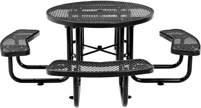 Global Industrial 46" Round Picnic Table, Expanded Metal, Black Thermoplastic Coating, Attached Benches, 1-1/2” Umbrella Pole Hole, Outdoor-Rated, 1000 lb Capacity