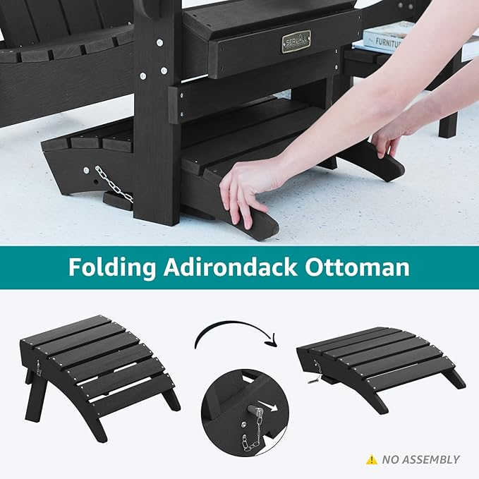 SERWALL Folding Adirondack Chair Footrest Set of 2, Adirondack Ottomans Without Assembly, Black