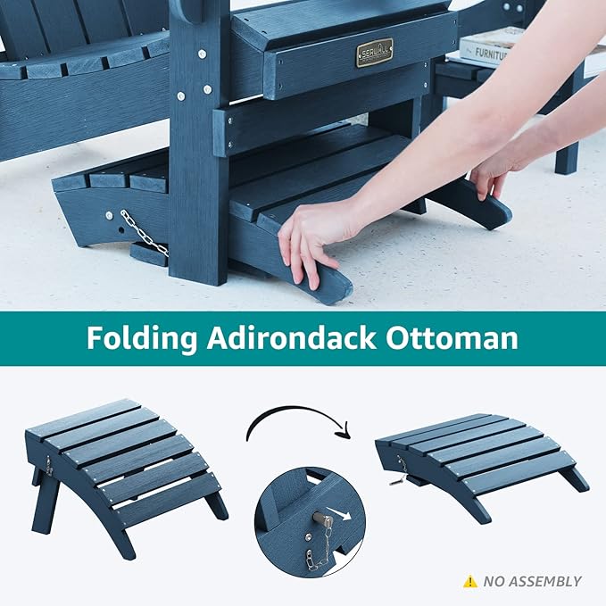SERWALL Folding Adirondack Footrest Without Assembly, All Weather Use Adirondack Footstool, Blue