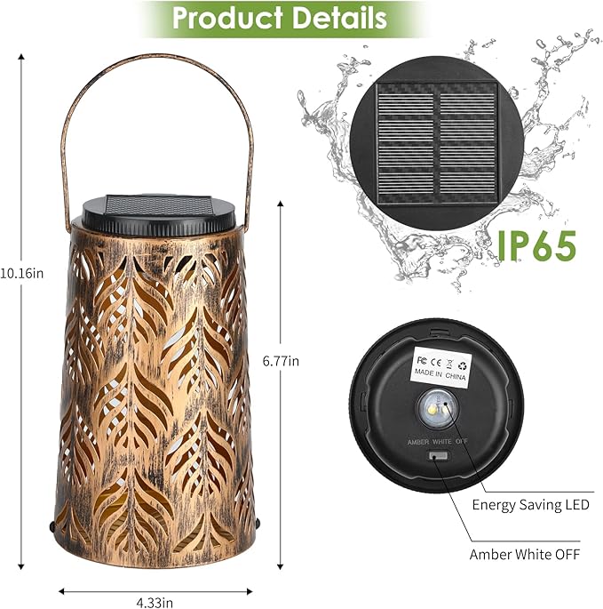 Palm Leaves Outdoor Solar Lantern w/2 Color Temperatures, Waterproof Solar Lights, Hanging Yard Lights Decor for Garden Patio Wedding Party, Grandma Mothers Day Gift for Mom Women Wife Friends