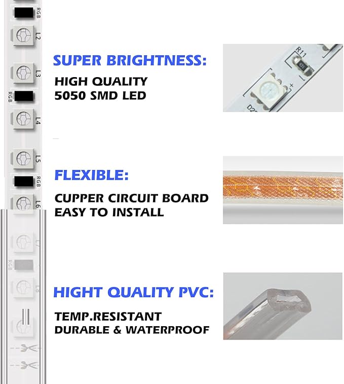 5050-60 Type AC 110-120V RGB LED Strip Lights, Flexible/Waterproof/Dimmable/Multi-Colors/Multi-Modes LED Rope Light + 24 Keys Remote for Home/Garden/Building Decoration (16.4ft/5m, RGB)