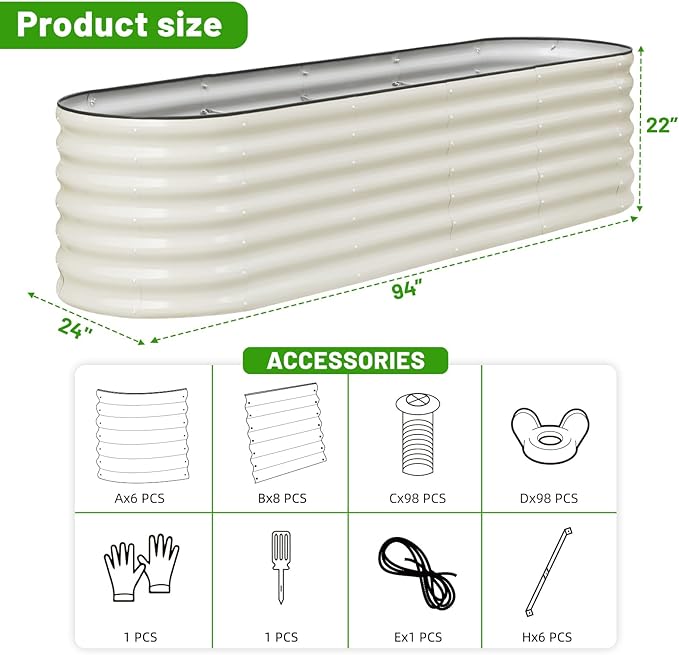 SnugNiture 8x2x2ft Raised Garden Bed Kit, 24" Tall Outdoor Metal Raised Planter Box for Planting Plants Vegetables Flowers Fruits, White