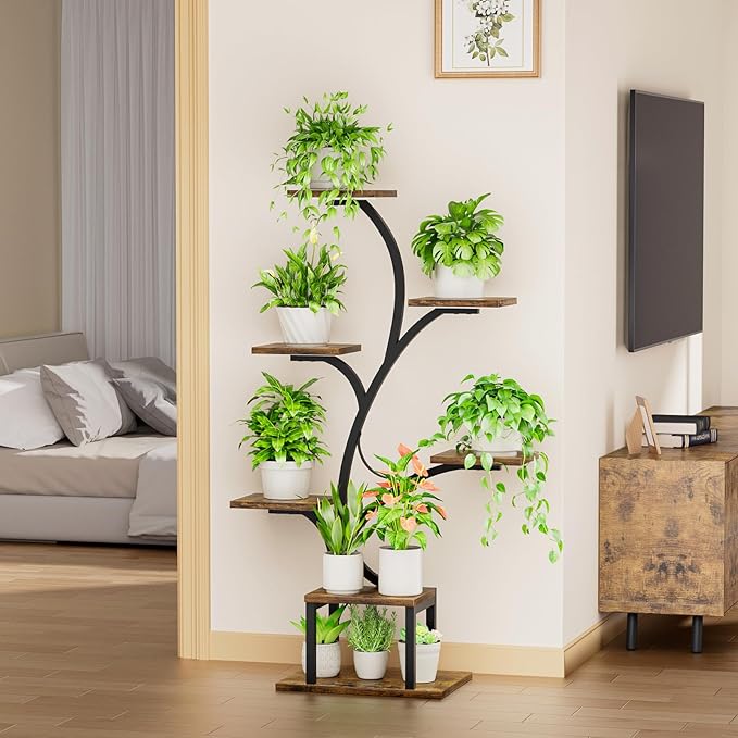 Plant Stand Indoor with Grow Lights, 7 Tiered Indoor Plant Shelf, 49" Corner Plant Stands for Indoor Plants, Metal Plant Flower Display Shelves, Tree-Shaped Plant Rack for Home, Patio, Black
