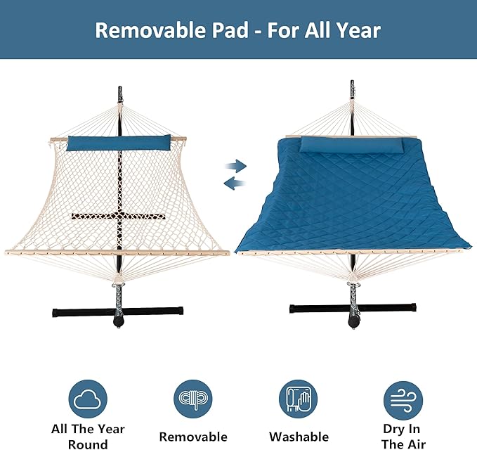 ANOW Double Hammock with Stand Included, Rope Hammock with Detachable Pillow and Pad for Outdoors Indoors, 450 LBS Weight Capacity, Blue