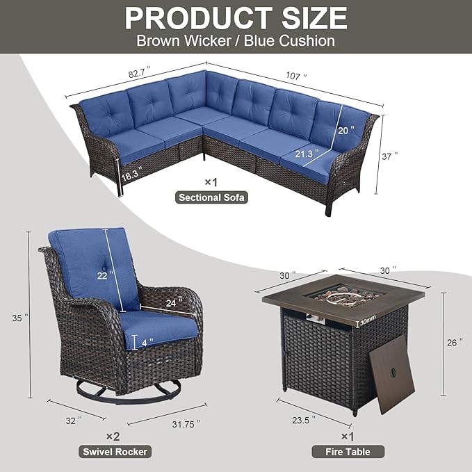 Outdoor Sectional Sofa Furniture Set with Propane Fire Pit Table, Wicker Patio Conversation Set with 2 Swivel Glider Rocker Chairs Blue Cushion Perfect for Backyard Casual Gathering