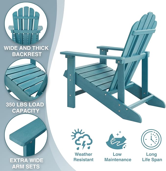 Psilvam Classic Adirondack Chair, Standard-Sized Poly Lumber Fire Pit Chair, 350Lbs Support Weather Resistant Patio Chairs for Garden, Party, Beach(Blue)