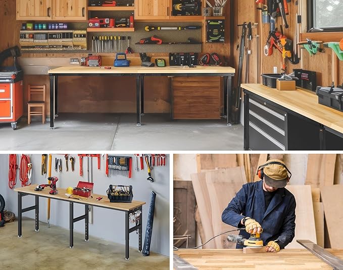 96”Adjustable Work Bench, 5000 LBS Capacity Heavy Duty Workbench with Power Outlet & Pegboard, Rubber Wood Work Table for Garage, Workshop, Office, Home