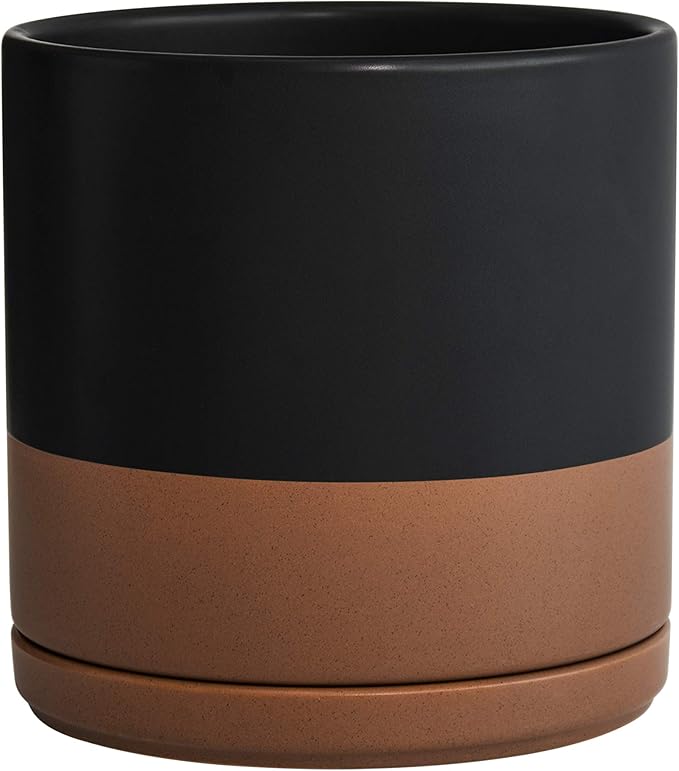 D'vine Dev 8 Inch Ceramic Planter Pot with Drainage Hole and Saucer, Indoor Cylinder Round Planter Pot, Black/Speckled Tan, 94-O-D-7