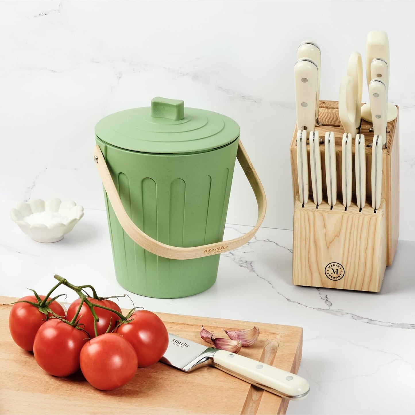 Martha Stewart Indoor Compost Bin | Countertop Composting Bucket for Kitchen | .7 Gallon Capacity | Includes Filter | Plant Based Materials | Sage Green