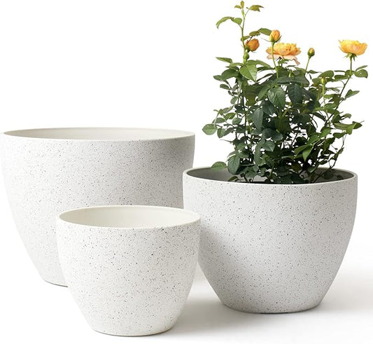 LA JOLIE MUSE 14.2/11.3/8.6 Inch Planters,Indoor/Outdoor White Planters Set of 3,Plant Container with Drain Holes,Flower Pots for Patio and Deck