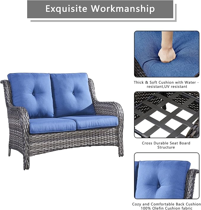 Outdoor Wicker Patio Furniture Set - 6 Piece Rattan Patio Conversation Set with 2 Rocking Swivel Chairs,2 Ottomans,1 Loveseat and 1 Side Table for Porch Deck Backyard Garden(Mixed Grey/Blue)