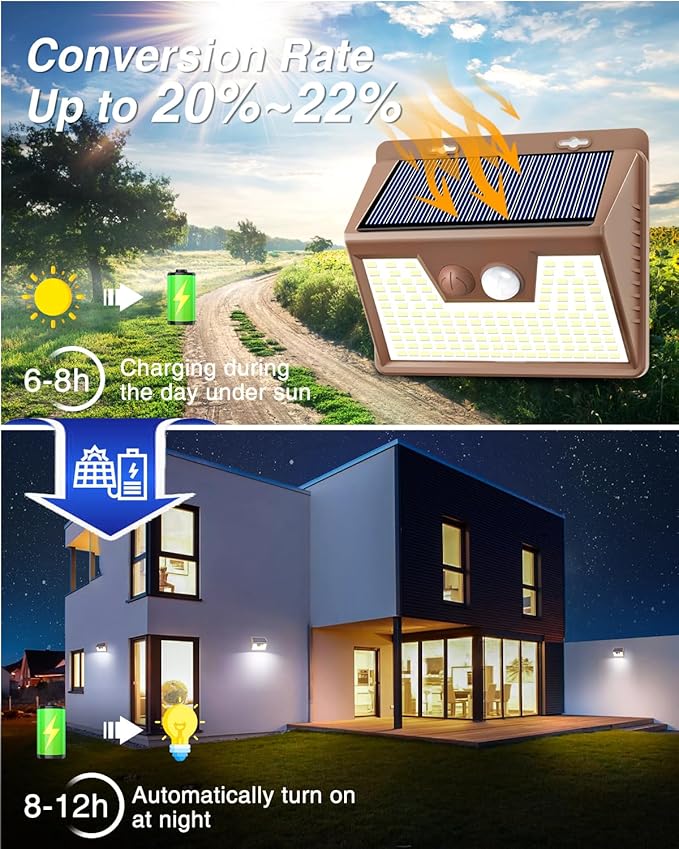 Peasur Solar Lights Outdoor Motion Sensor [6 Pack/140LED/Brown], Ultra-Bright 3 Mode Fence Security Light Waterproof, Solar Wall Lighting for Patio Yard Step House Outside