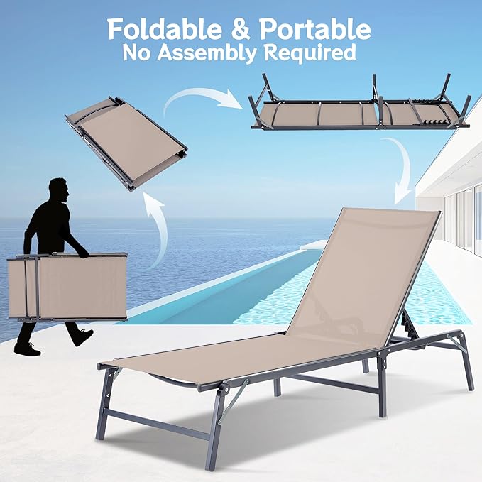 Outdoor Chaise Lounge Chair Set of 2, Foldable & Assemble-Free, 6 Adjustable Positions, Durable Rust-Resistant Frame, Portable Outdoor Pool Lounge Chairs for Pool Patio Beach, Khaki