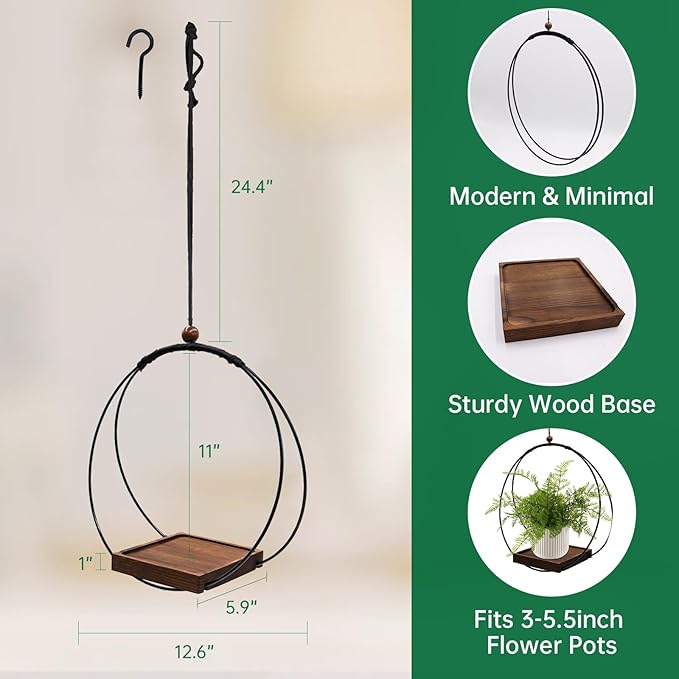 2 Pack Hanging Planters for Indoor Plants, Black Plant Hanger with Sturdy Wood Base, Modern Boho Macrame Hanger, Wall Ceiling Window Planters (Plants/Pots Not Included)