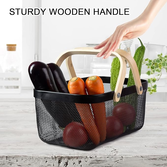 Portable Garden Harvest Basket-Mesh Design Natural Bamboo Handle Wire Storage Baskets,Mesh Basket with Handle Organize Items Reduce Space Occupation,Suitable for Kitchen,Garden,Picnic(Black)