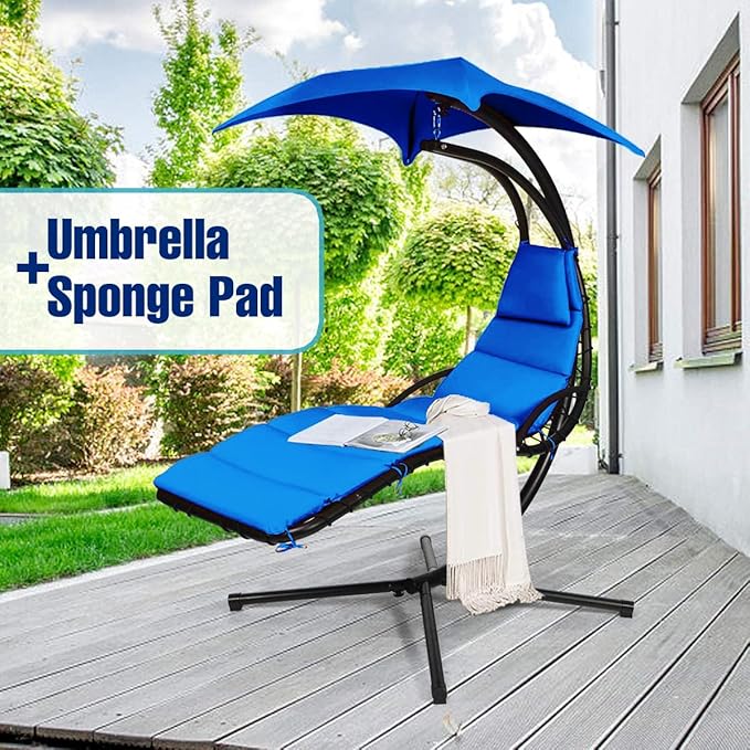 Weatherproof Replacement Cushion Pad and Umbrella for Hanging Lounge Chair Outdoor Chaise Hanging Hammock Chair - Long-Lasting, Fade-Resistant, Quick-Dry, Outdoor Lounge Replacement Set (Blue)