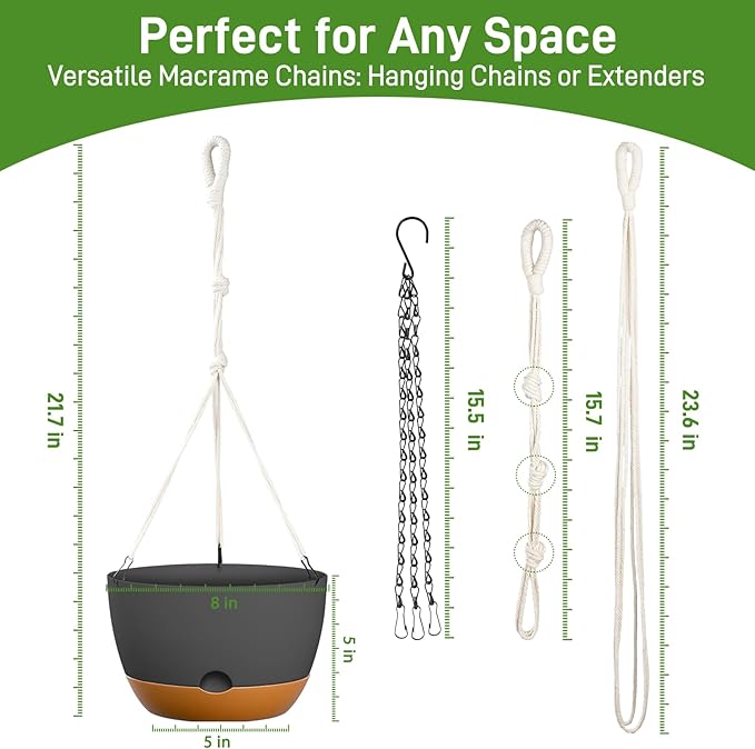 8 Inch Hanging Planters for Indoor & Outdoor Plants (2 Pack) - Self-Watering & Drainage Flower Pots with 2 Kinds of Plant Hangers for Home Decor & Garden (Deep Gray, 8 in)