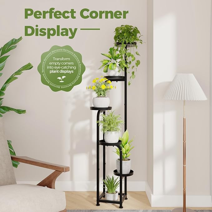 Bamworld Tall Plant Stand Indoor Outdoor, Corner Metal Flower Pot Stands for Multiple Plants, 5 Tier Heavy Duty Plant Shelf for Patio Garden Balcony Living Room Bedroom