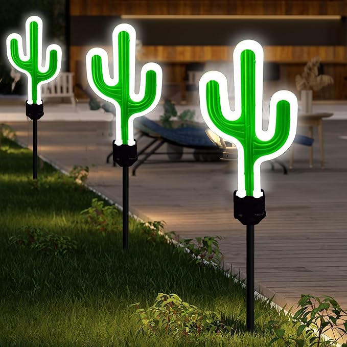 Solar Cactus Neon Lights Outdoor Decor- 2 Pack 41.3 in Gifts for Mom Woman, Garden Stake Decorative LED Lights Waterproof Path Lighting for Christmas Yard Lawn Patio Walkway Driveway Sidewalk Decor