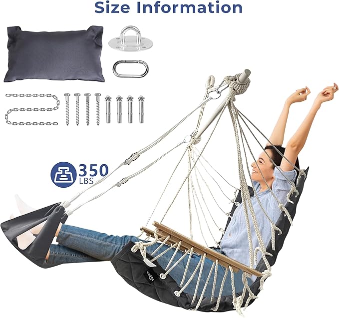 Patio Swing Chair with Adjustable Footrest & Headrest-Quilted Fabric&Steel Spreader Bar, Wooden Armrests for Porch/Garden;350lbs Capacity;Hardware kit Included Dark Grey