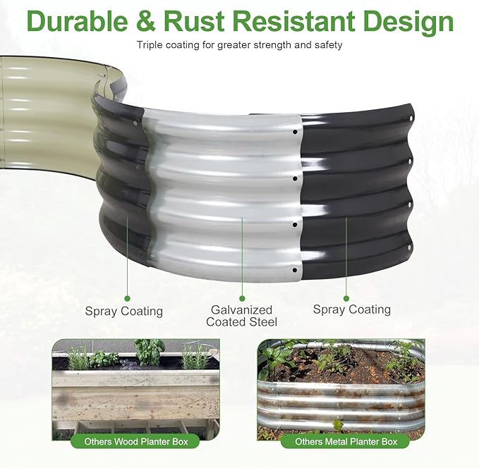 Galvanized Raised Garden Bed- 2Pcs 3x3x1FT Metal Planter Boxes Outdoor | Round Steel Raised Bed Kit & Fire Pit Ring for Gardening with Protective Tape, Gloves for Vegetables, Flower (Grey)