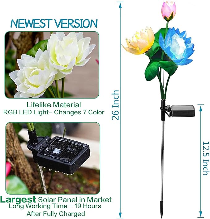 TONULAX Solar Garden Lights, Lotus Flower Lights, Outdoor Light for Garden, Patio, Yard Decoration, 7 Color Changing Decorative Light, Larger Solar Panel(4 Pack)