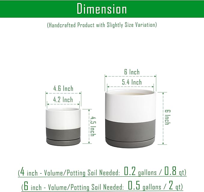 D'vine Dev 4.6 Inch & 6 Inch Ceramic Planter Pots for Plants with Drainage Hole and Saucer, Small Plant Pots Set, White/Speckled Grey, 94-G-S-6