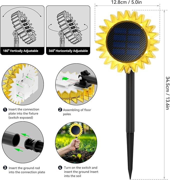 Outdoor Solar Lights, 6 Pack Led Solar Sunflower Lights, Stake/Wall 2-in-1 Waterproof Solar Garden Lights for Yard, Landscape, Fence, Patio, Driveway, Pathway, Backyard Decoration (Warm White)