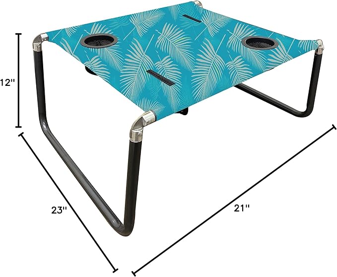 Neso Portable Beach Table with Cup Holders, Cell Phone Pockets, Lightweight for Picnics and Parks (Aqua Fronds)