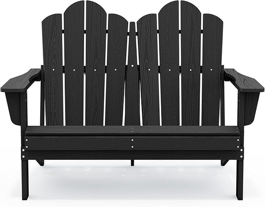 SERWALL Folding Adirondack Bench, HDPE All-Weather Adirondack Loveseat, 660 lbs Capacity, Foldable Outdoor Patio Bench for Deck, Lawn, Garden, Black