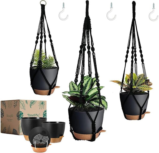 3 Pack Self Watering Hanging Planters Macrame Plant Hangers with Indoor Flower Pots, 3 Different Size Hanging Basket, Plant Hanger with Hooks for Garden Home Decor Black