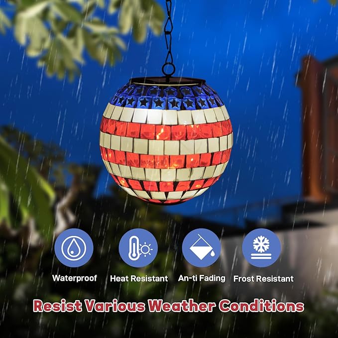 American Flag Solar Hanging Lanterns Outdoor Waterproof Glass Mosaic Gazing Ball Globe Hanging Lantern Lights for Patio Garden Yard Home Decor (Red)