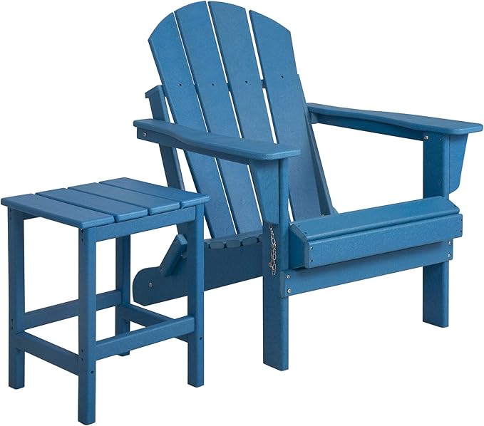 WO Home Furniture Adirondack Chair Table Set of 2 PCS Outdoor Folding Chair w Side Table Weather/UV Resistant for Lawn, Garden, Bon Fire, Balcony (Pacific Blue)