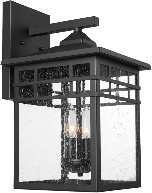 Outdoor Light Fixture Wall Mount, Black Exterior Light Fixture Wall Sconces with Seeded Glass for Front Porch, Large Waterproof Outdoor Square Wall Lantern Outside for House Doorway
