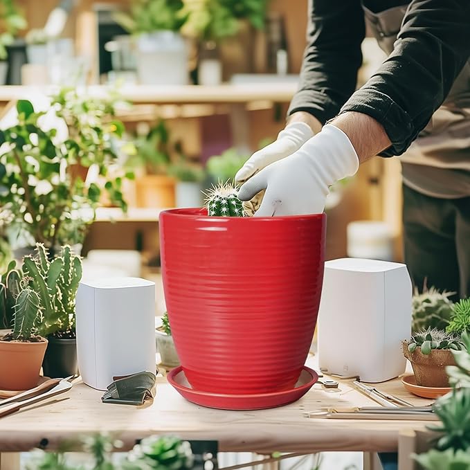 Ceramic Pot for Plants - 8 Inch Plant Pot for Indoor Plants Outdoor Round Planter Modern Flower Pot with Drainage Hole and Saucer Home Garden Office Porch Decor Red