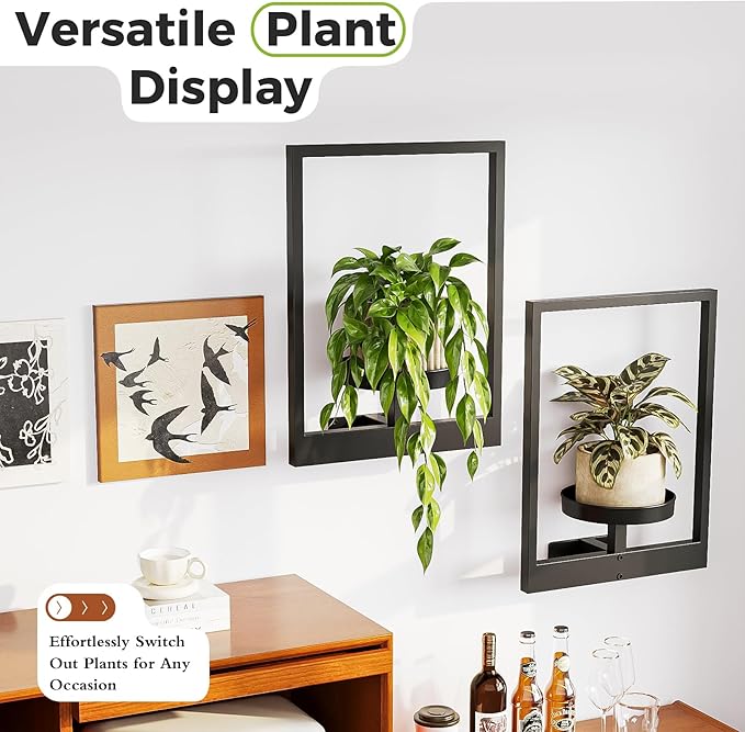 Bamworld Wall Planters for Indoor Plants Metal Wall Plant Holder Plant Hanger Wall Decor Wall-Mounted Wall Hanging Planters Outdoor Plant Rack Black 2 Pack (Patent Design)