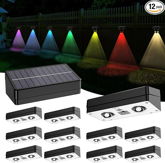 Solar Fence Lights 12 Pack, RGB Fence Solar Lights Outdoor Waterproof Led, 12 Modes Color Changing Outside Lightings Decor for Wall Railing Patio Deck Backyard Garden Pool