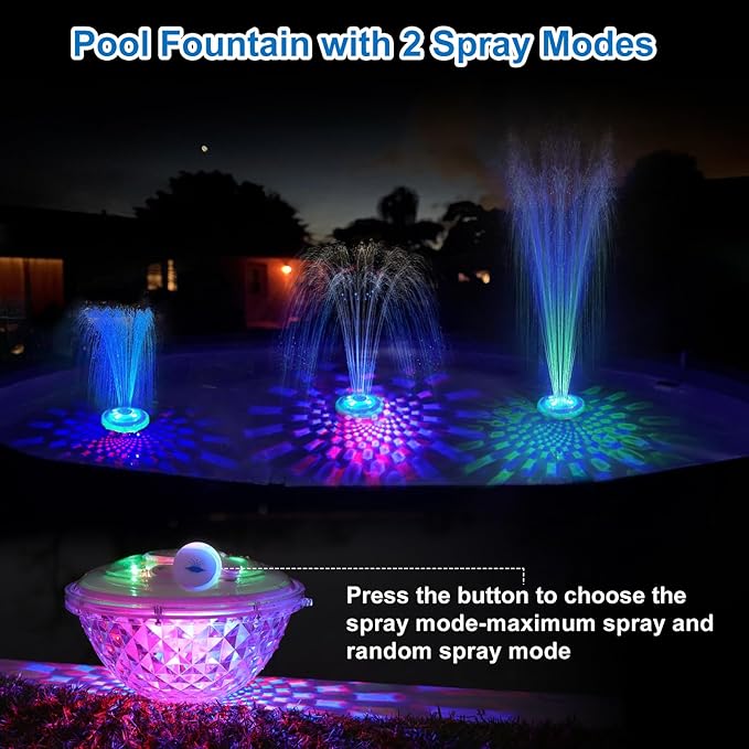 Floating Pool Fountain with Underwater Light Show,Pool Water Fountain Rechargeable Battery Powered,2 Spray Modes Pool Fountain Pump for Inground Above Ground Pools-1PC