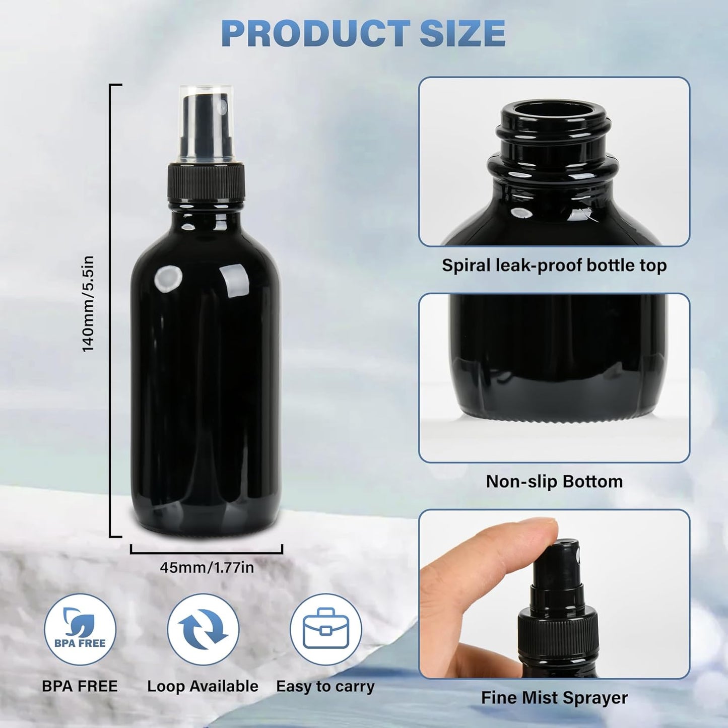4 PCS, 4 oz Black Glass Mini Spray Bottles, Fine Mist, Refillable Containers for Cleaning Solutions and Skin Care
