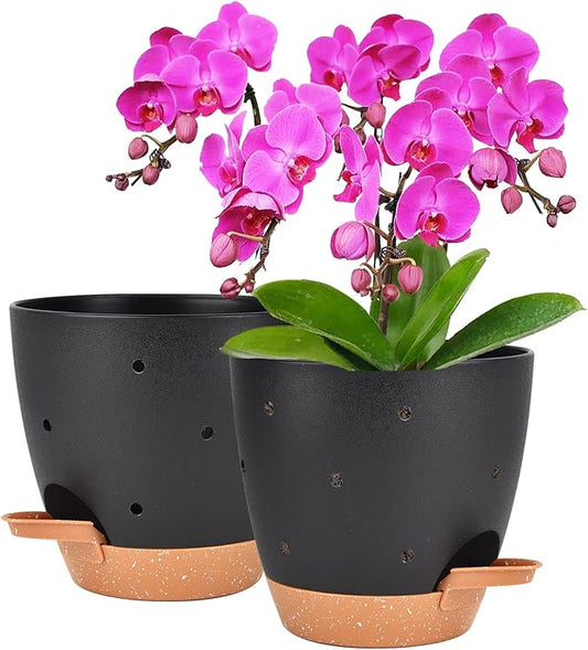 6 Inch Orchid Pots with Holes, 2 Pack Self Watering Planters for Orchids Plastic Orchid Pot Plant Flower Pots for Orchids Indoor Outdoor (Black with Brown)