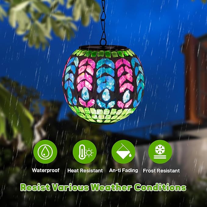 Solar Hanging Lanterns Outdoor Waterproof Glass Mosaic Gazing Ball Globe Hanging Lantern Lights for Patio Garden Yard Home Decor (Colorful)
