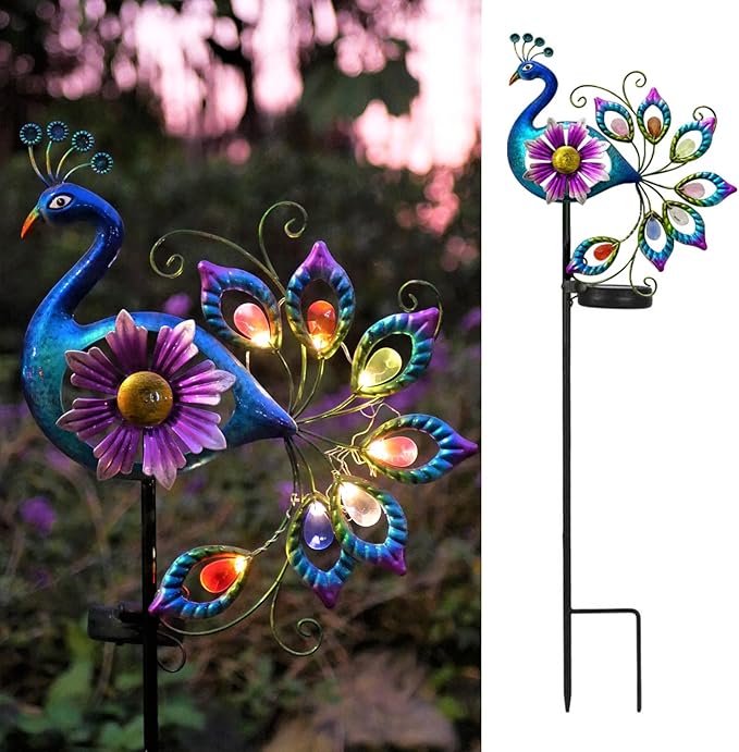 Solar Peacock Statue, Garden Metal Stake Lights Yard Decorations Outdoor,Perfect Peacock Gifts for Women, Ornaments,Mothers Day Ideal Gifts（Solar Peacock Flower ）