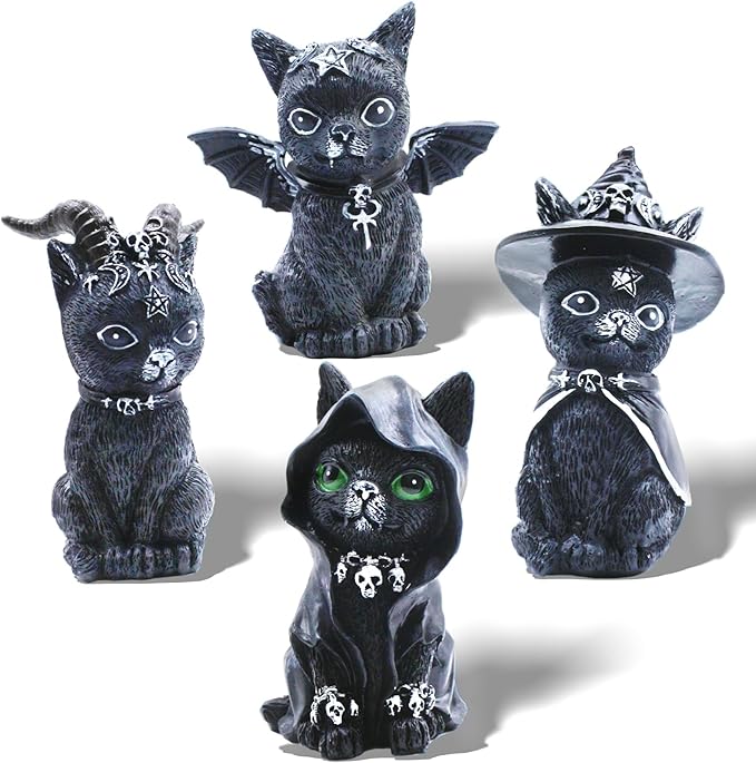 4PCS Set Cats Garden Decor Cat Gnome Statues for Outdoor Halloween Cat Figurine Cat Lover Idea Cute Cat homedecor Waterproof Figurines Lawn Ornaments