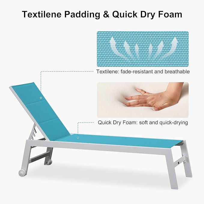 PURPLE LEAF Outdoor Chaise Lounge Set Oversize Adjustable Sunbathing Recliner Extra Wide Lounge Chairs with Side Table for Poolside Beach Outside Patio Aluminum Chaise Lounger Blue