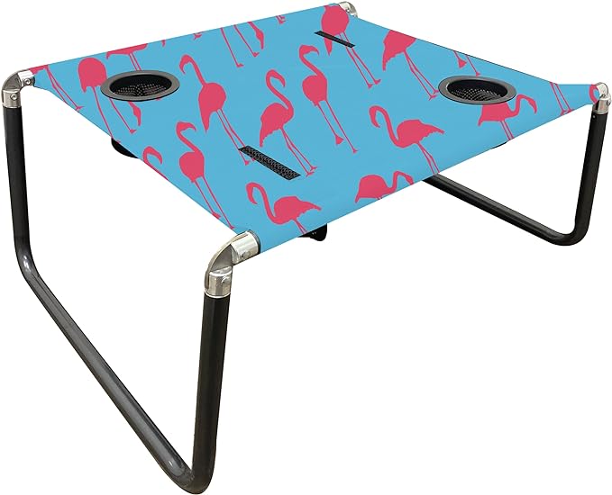 Neso Portable Beach Table with Cup Holders, Cell Phone Pockets, Lightweight for Picnics and Parks (Flamingos)