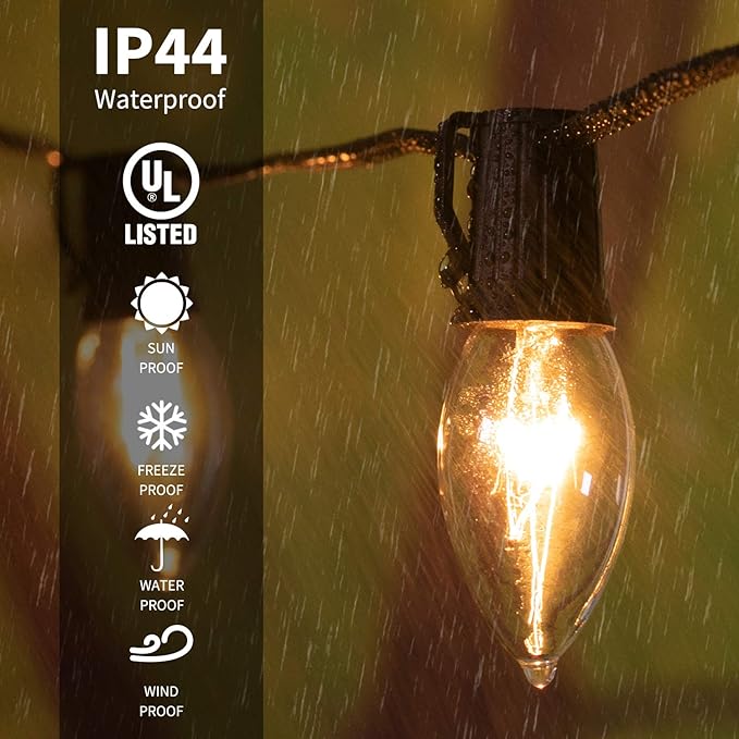 C9 Clear Christmas String Light Set, 50 Feet Vintage Christmas Tree Lights, Outdoor Roofline String Lights with 50 Clear Bulbs for Patio Garden Holiday Indoor Wedding Home Decorating, Black Wire