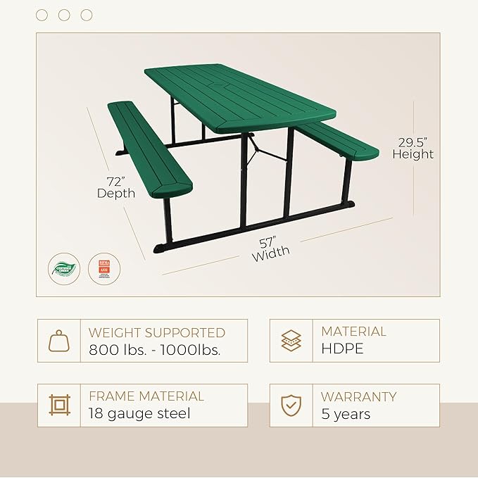 OEF Furnishings Heavy Duty Blow Molded Folding Picnic Table - Green, Black Frame
