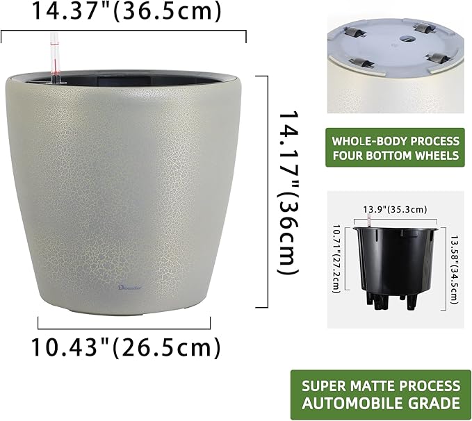 Dexceder 15x14 Self Watering Planter with Wheels Indoor Outdoor, Inner Pot Design, Thickened Large Floor Standing Flower Plant Pot with Water Level Indicator (Grey Gold Crackle)