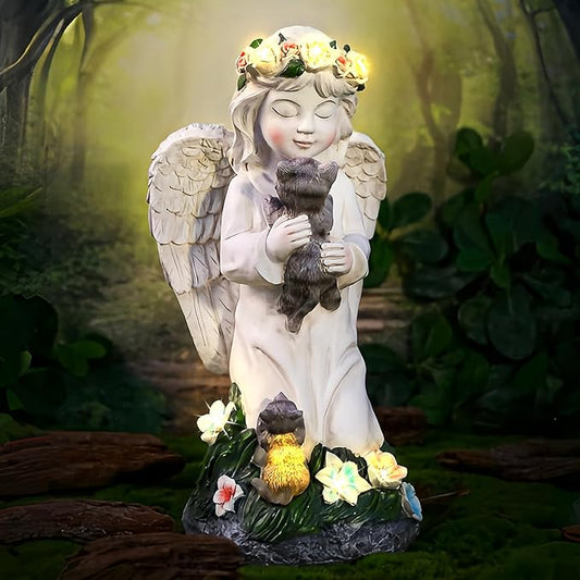 Angel Gifts for Women, Solor Statue for Garden, Angel and Cat Figurine with Lights, Outdoor Decorations for Yard Lawn Patio, Gifts for Mom Grandma Mother in Law Gardener Mother'Day