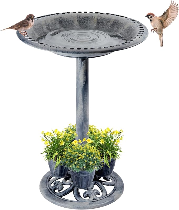 Bird Bath for Outside with 4 Removable Flower Planters 28in Polyresin Lightweight Vintage Birdbath for Outdoors Stake Standing Bowl and Water Feeder Yard Garden Decor Gray